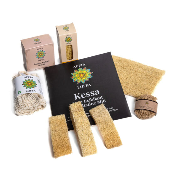 Ce Coffret renferme 7 articles différents, un assortiment d'éponges et d'accessoires pour le corps, de la tête aux pieds. Éponge Luffa 15 cm Gant noir Exfoliant Éponge Konjac Serviette Sisal Rondelle Luffa Brosse à ongles Petite Éponge d'agave
