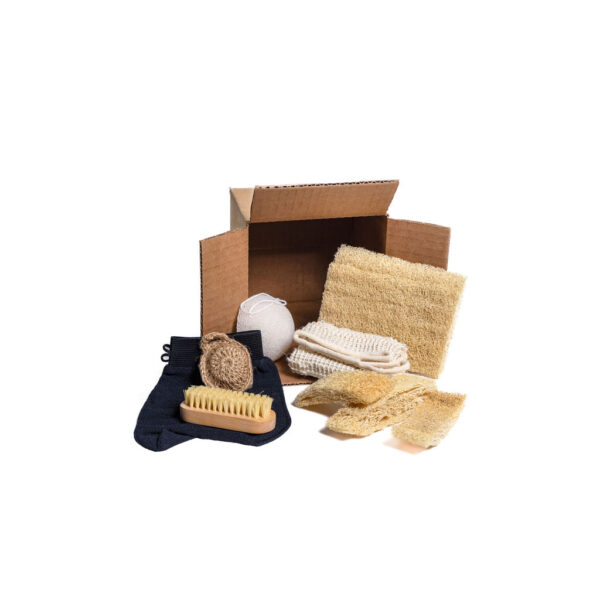 Ce Coffret renferme 7 articles différents, un assortiment d'éponges et d'accessoires pour le corps, de la tête aux pieds. Éponge Luffa 15 cm Gant noir Exfoliant Éponge Konjac Serviette Sisal Rondelle Luffa Brosse à ongles Petite Éponge d'agave